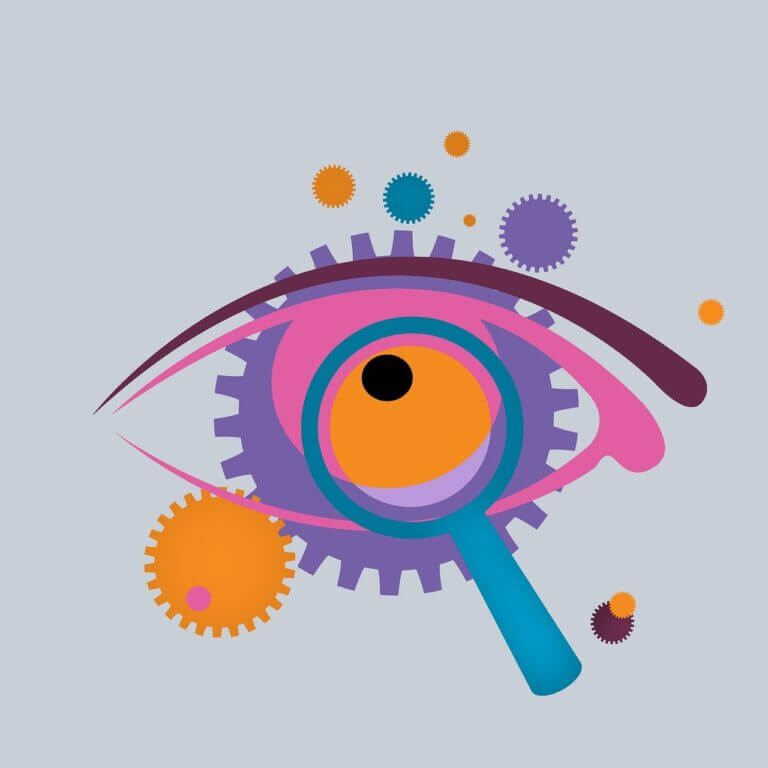 illustration d'un oeil, d'une loupe et d'un rouage superposés les uns sur les autres
